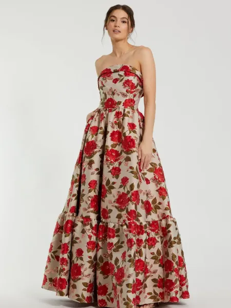 Multicolor Brocade Strapless Floral Gown With Ruffle Hem
